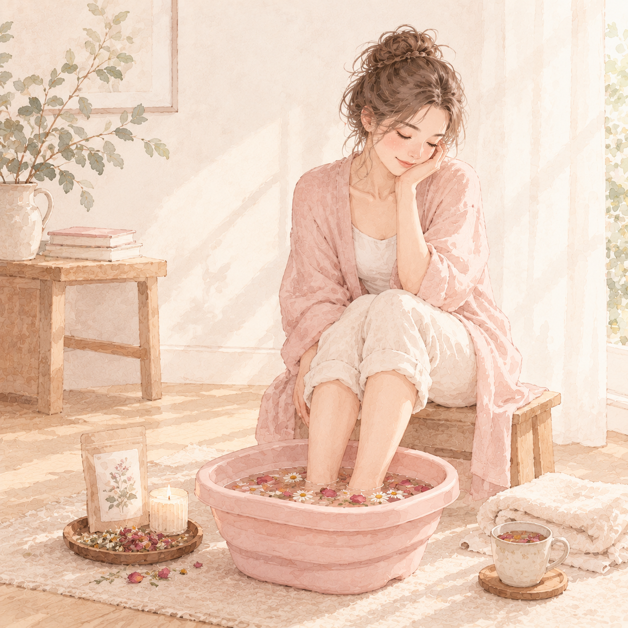 水彩插画：花瓣泡脚盆、草本泡脚包与柔软毛巾